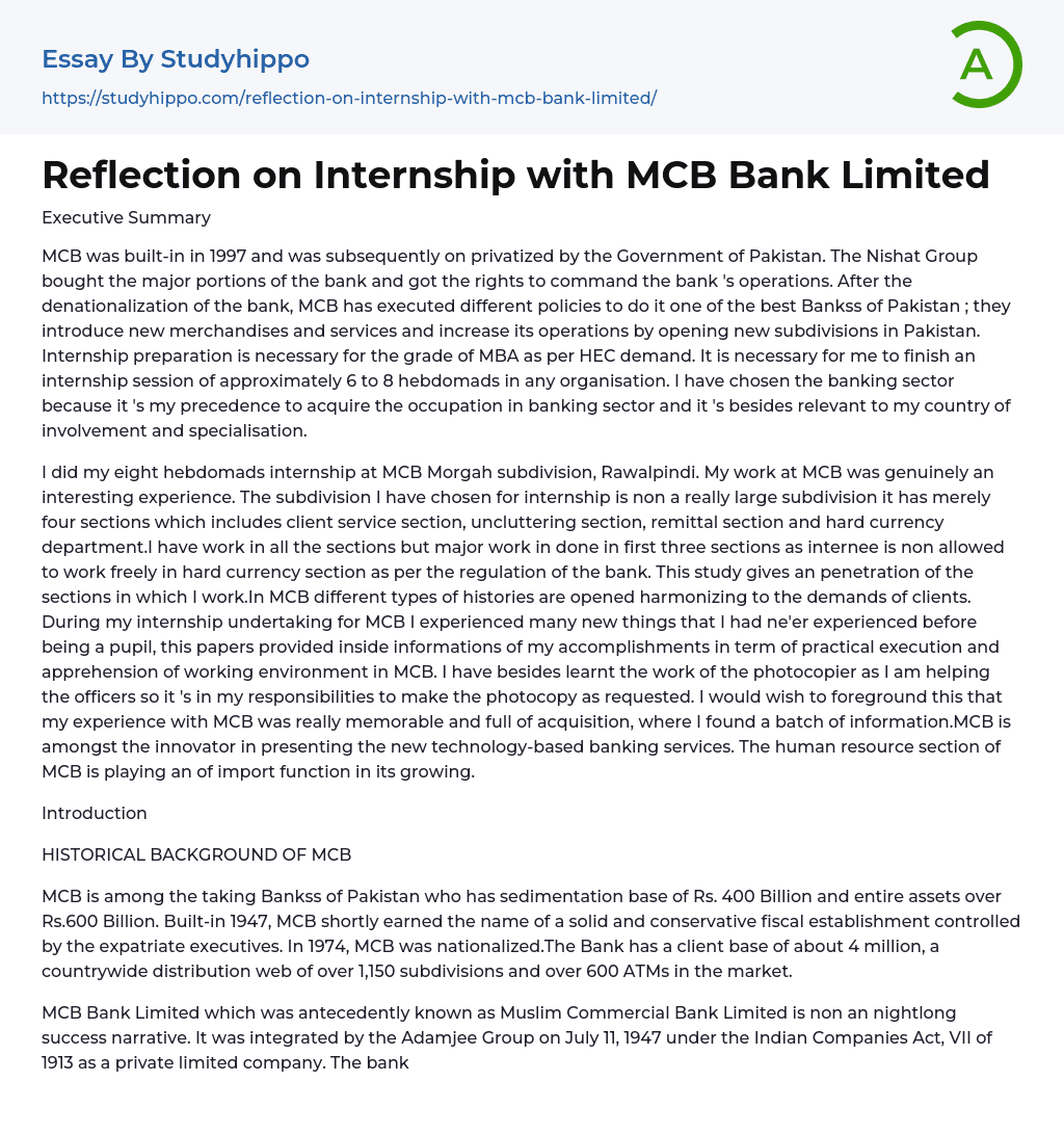 Reflection on Internship with MCB Bank Limited Essay Example