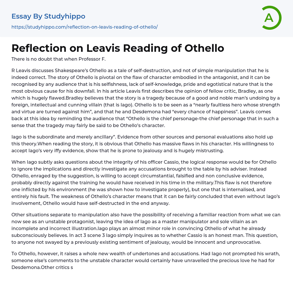 Reflection on Leavis Reading of Othello Essay Example