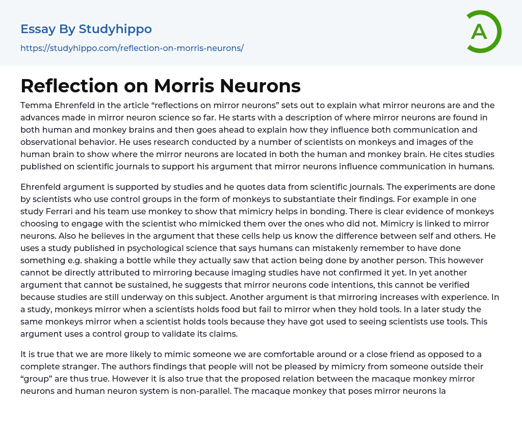 Reflection on Morris Neurons Essay Example