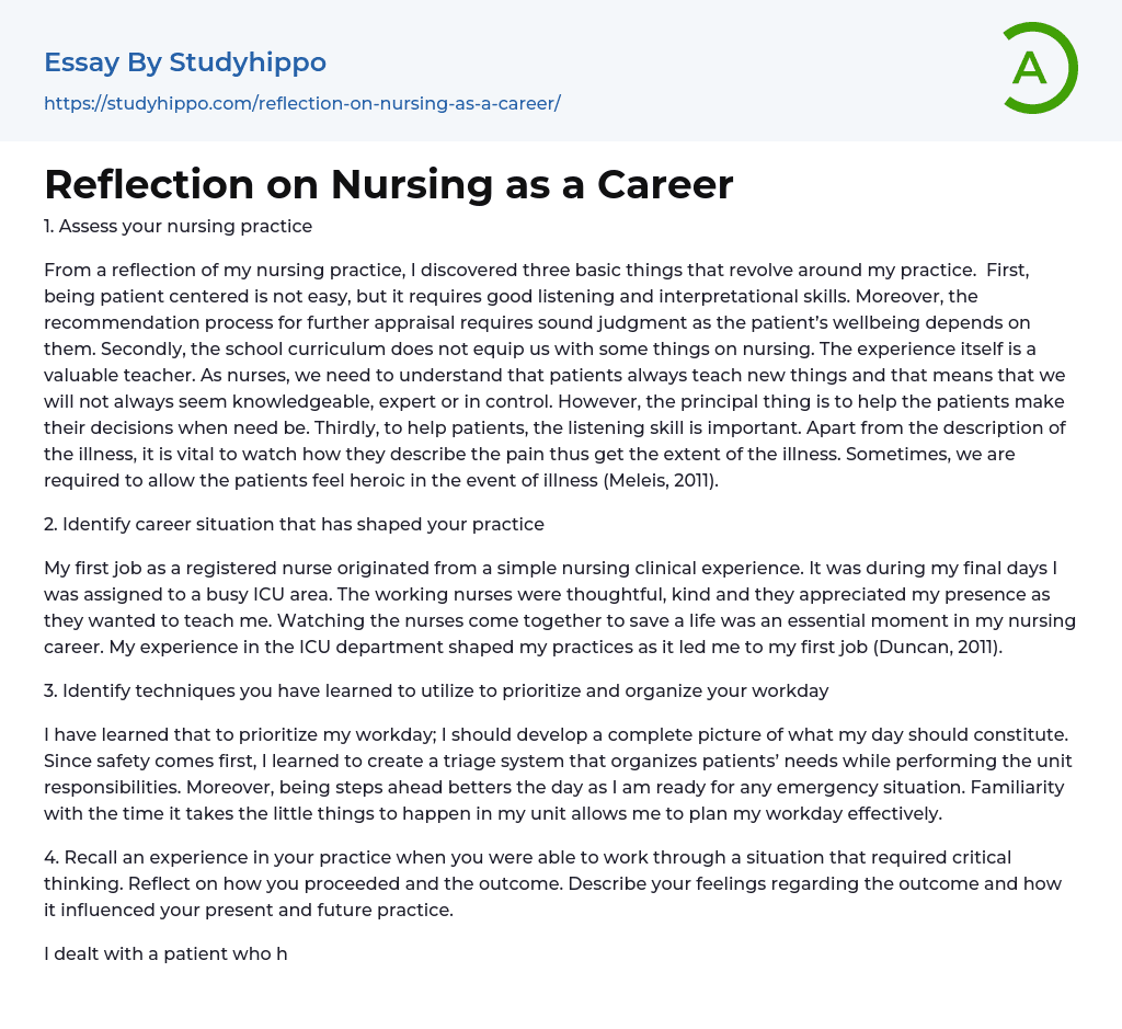 Reflection on Nursing as a Career Essay Example