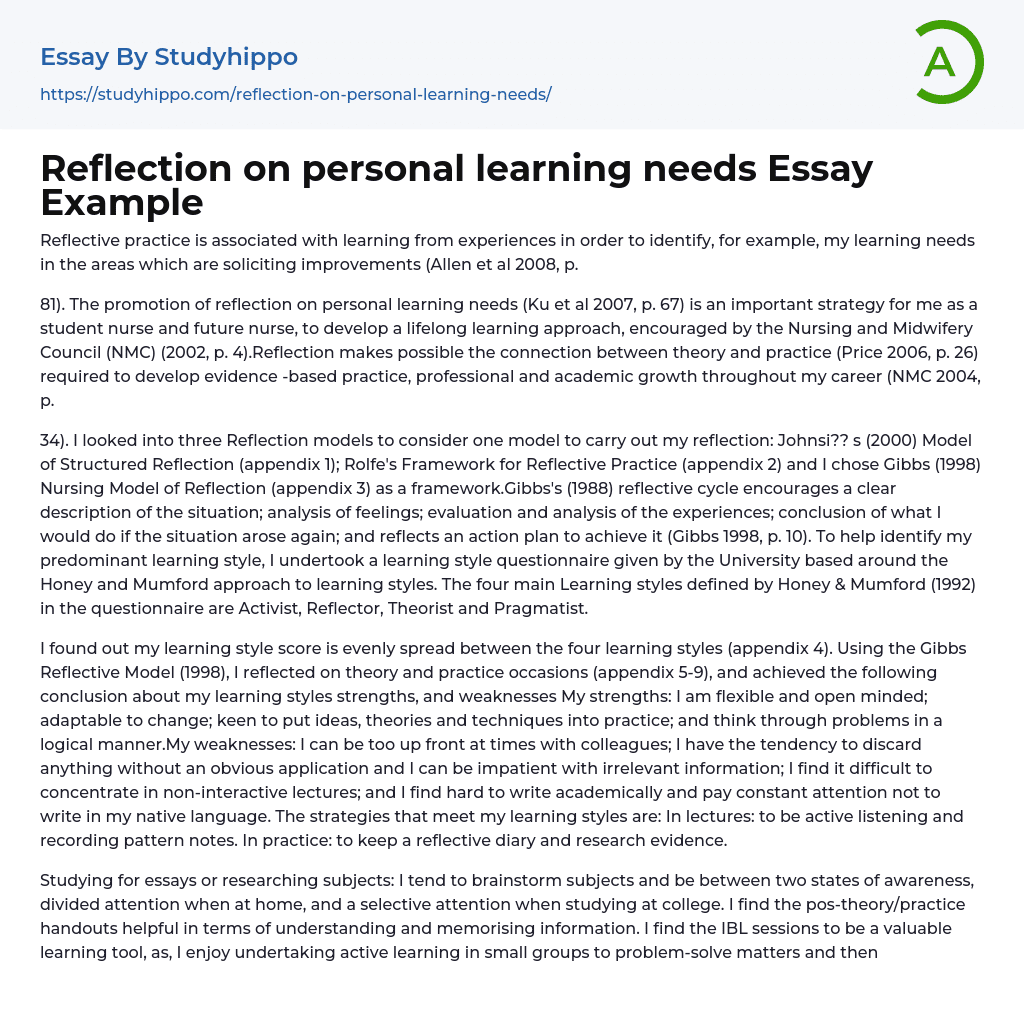 Reflection on personal learning needs Essay Example