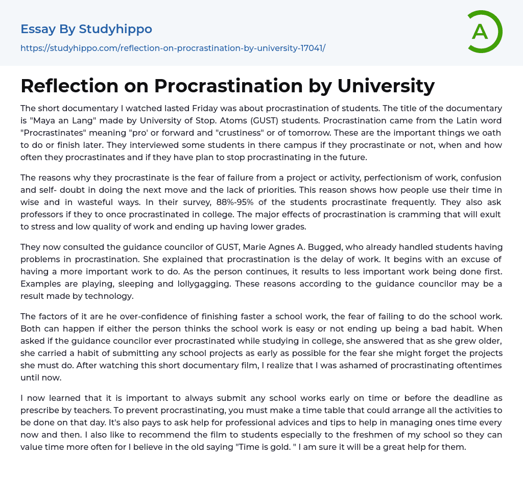 Reflection on Procrastination by University Essay Example