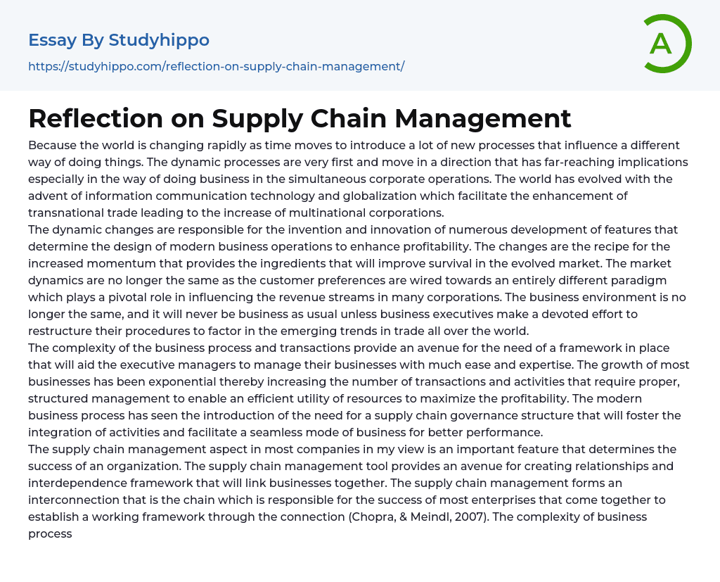 Reflection on Supply Chain Management Essay Example