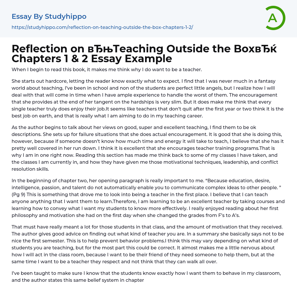 Reflection on “Teaching Outside the Box” Chapters 1 & 2 Essay Example