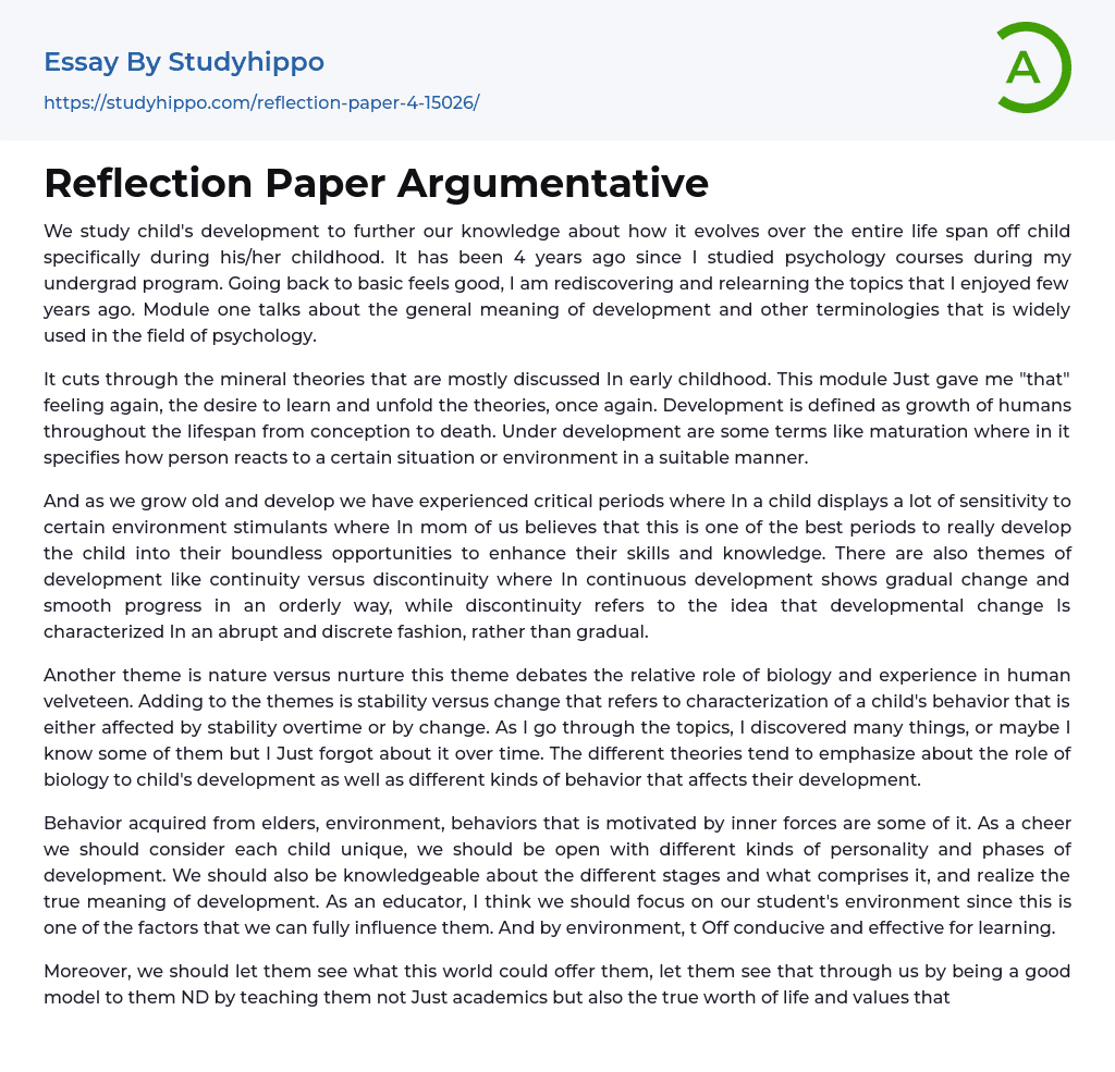 Reflection Paper Argumentative Essay Example