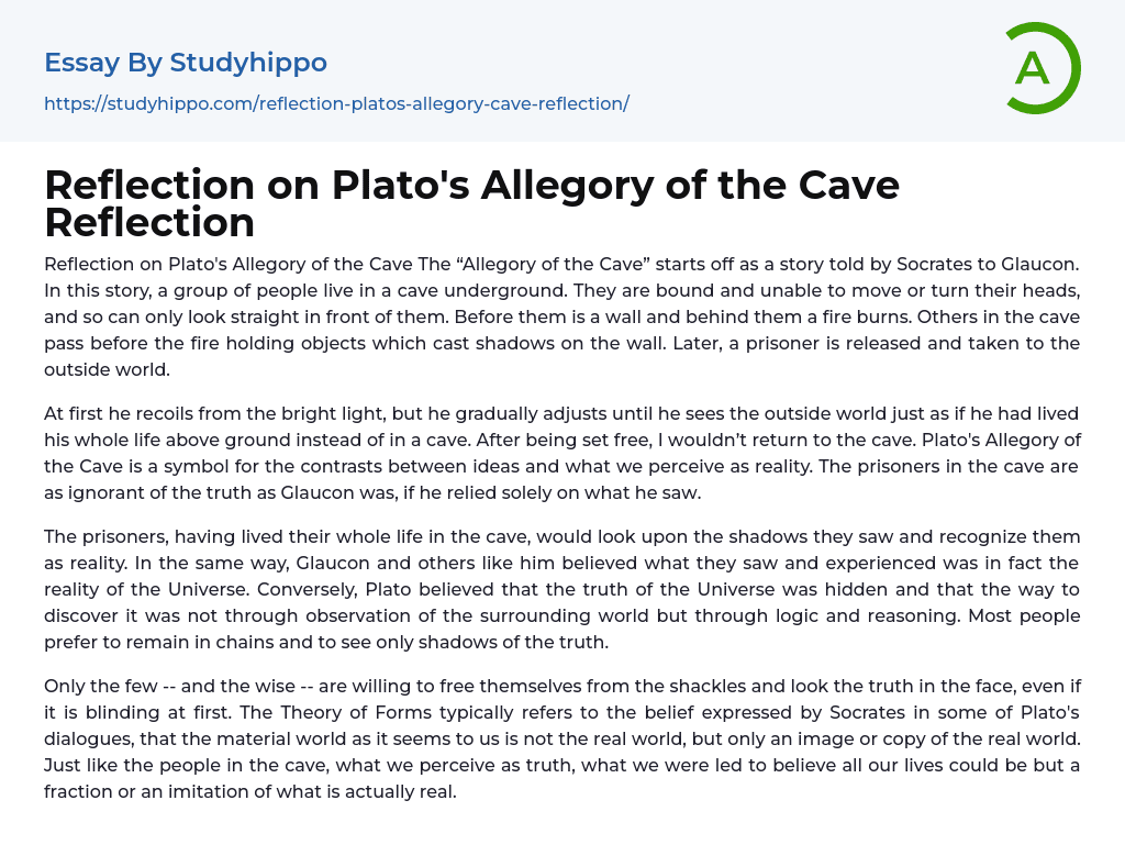 Reflection on Plato’s Allegory of the Cave Reflection Essay Example