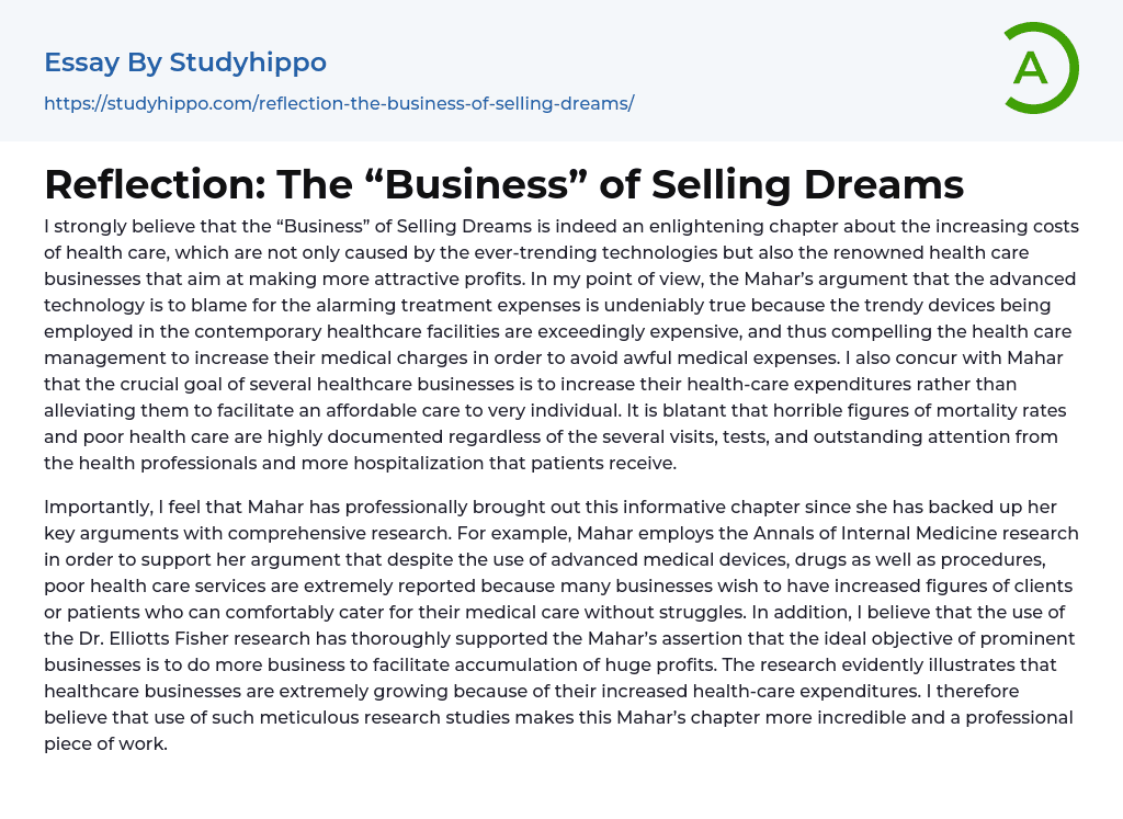 Reflection: The “Business” of Selling Dreams Essay Example