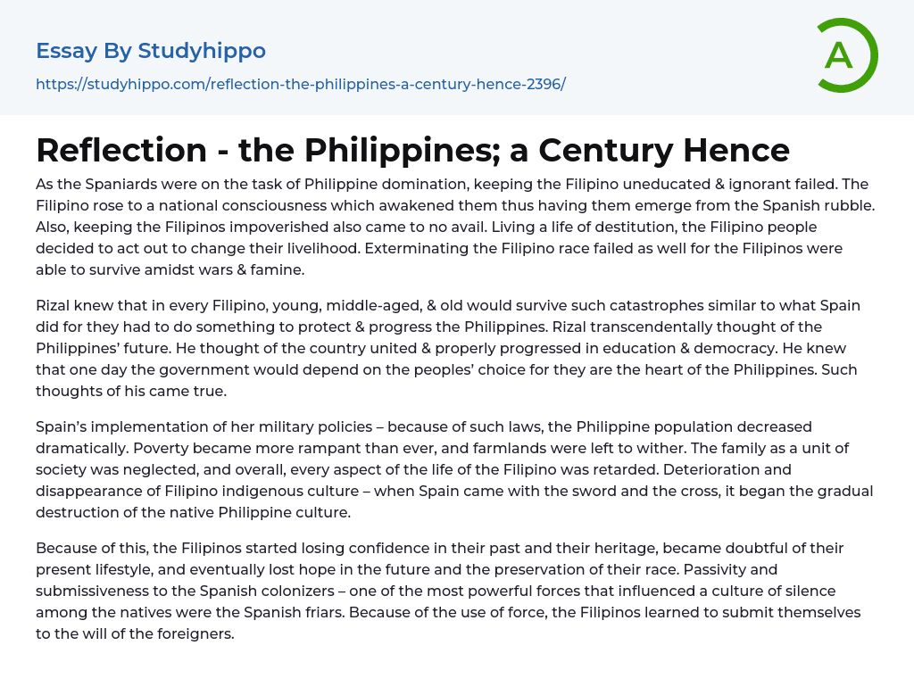 Reflection – the Philippines; a Century Hence Essay Example