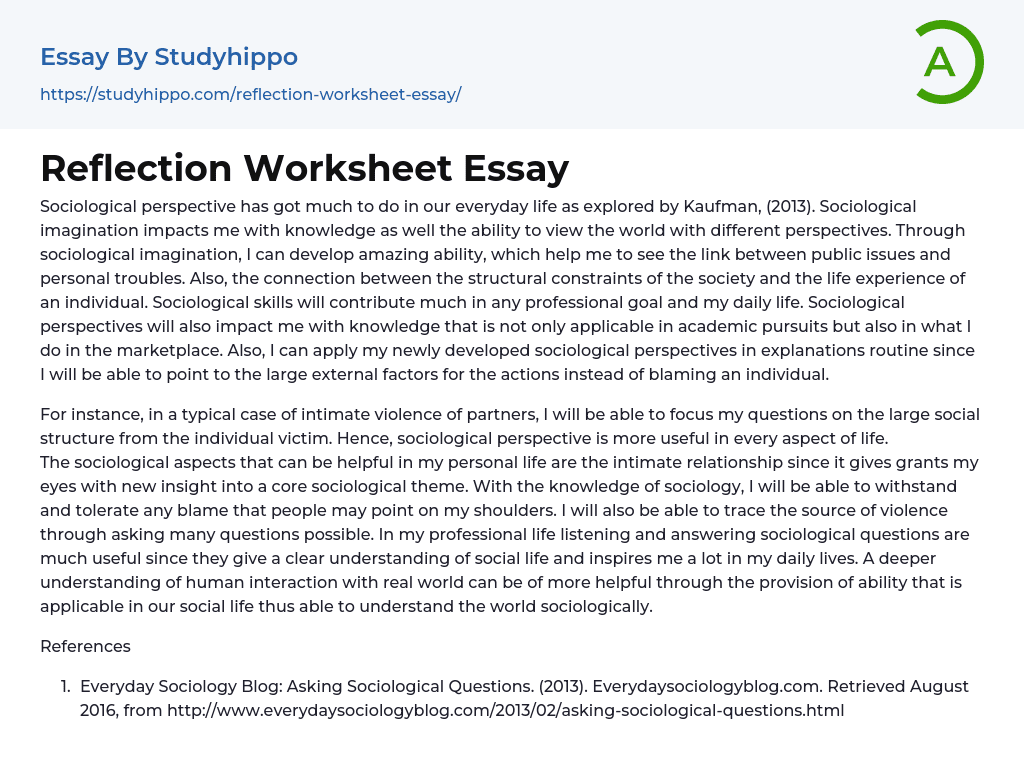 Reflection Worksheet Essay