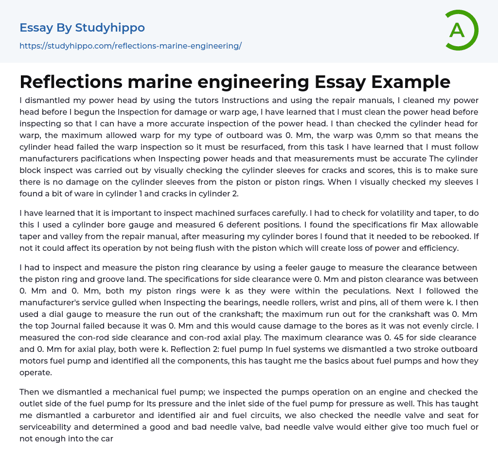 Reflections marine engineering Essay Example