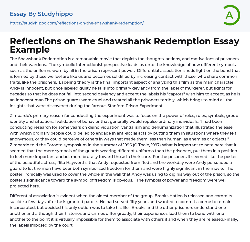 Reflections on The Shawshank Redemption Essay Example