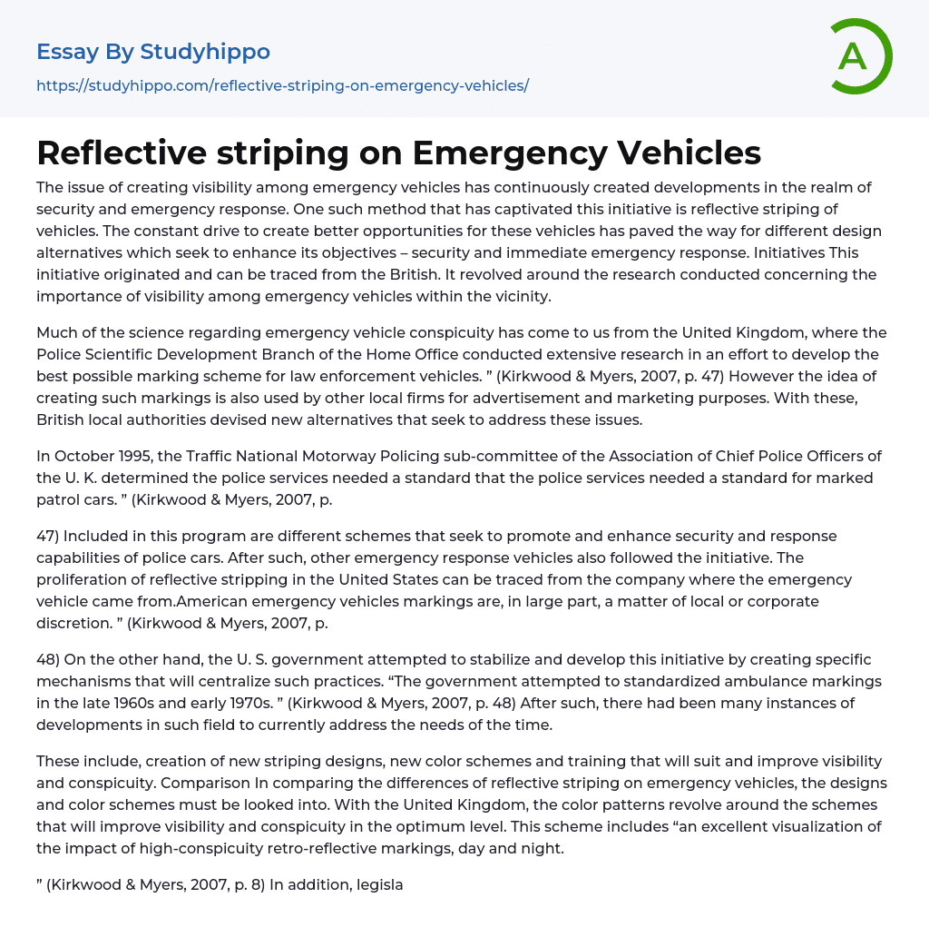 Reflective striping on Emergency Vehicles Essay Example