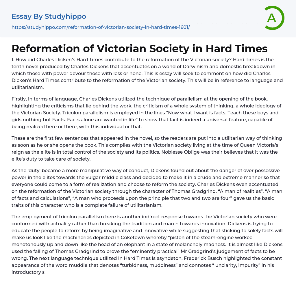 Reformation of Victorian Society in Hard Times Essay Example