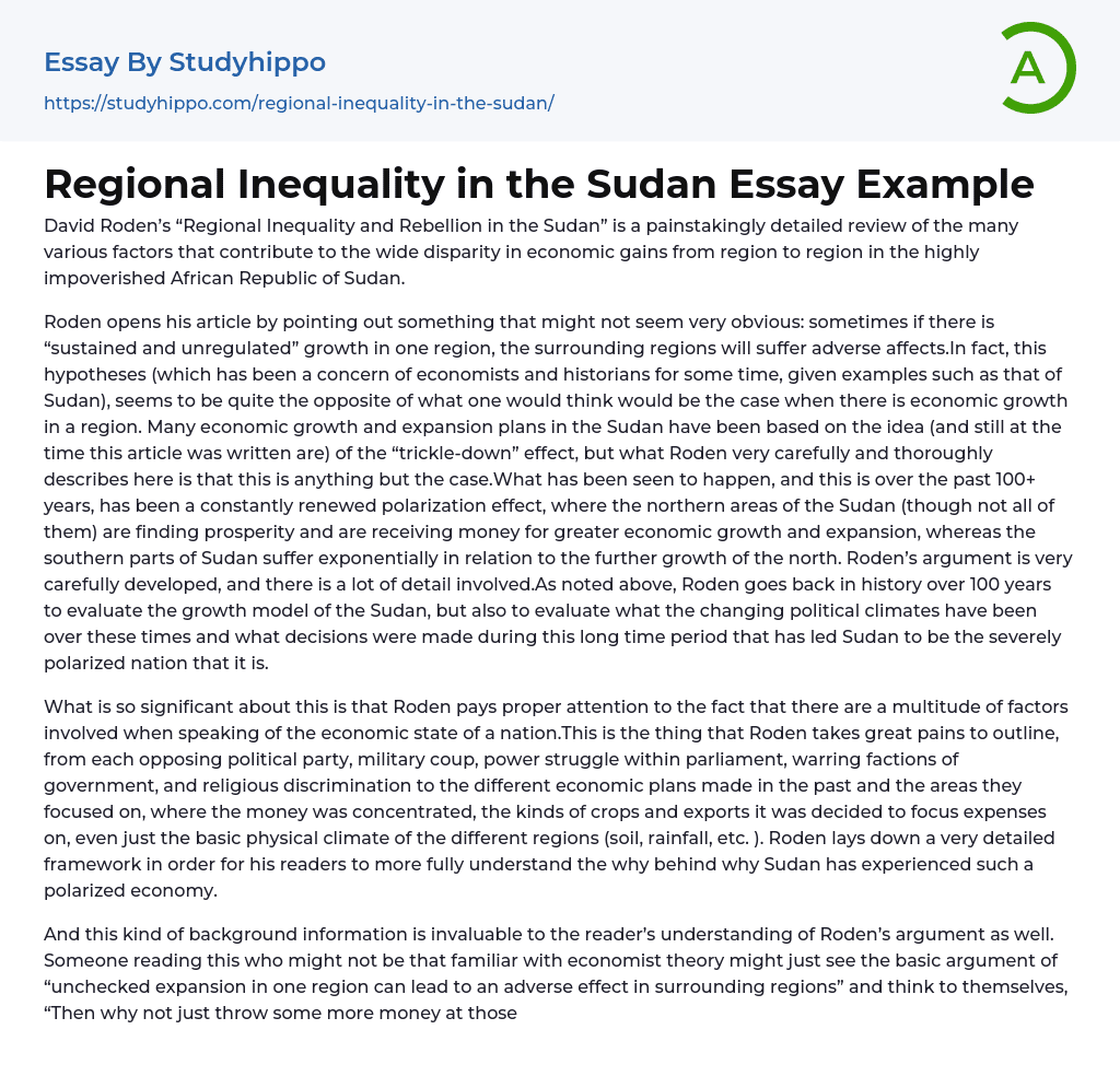 Regional Inequality in the Sudan Essay Example