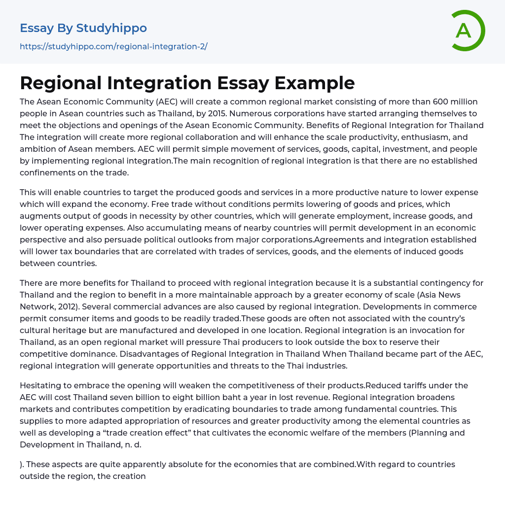 Regional Integration Essay Example