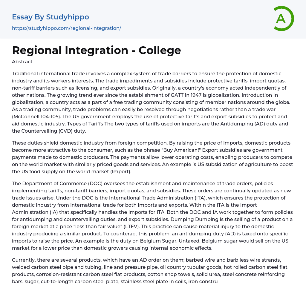 Regional Integration – College Essay Example