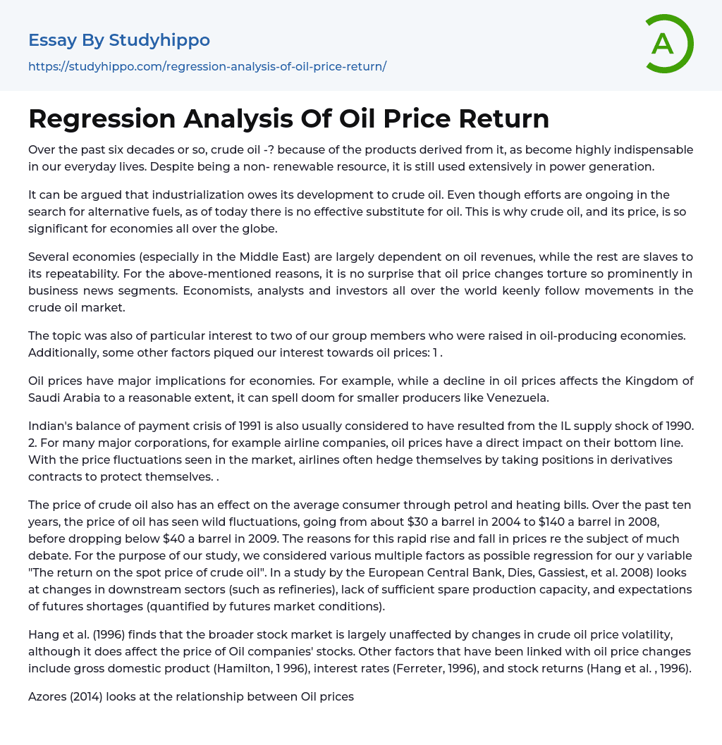 Regression Analysis Of Oil Price Return Essay Example