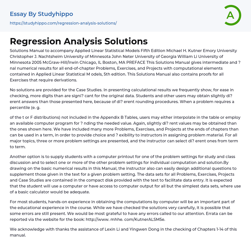 Regression Analysis Solutions Essay Example