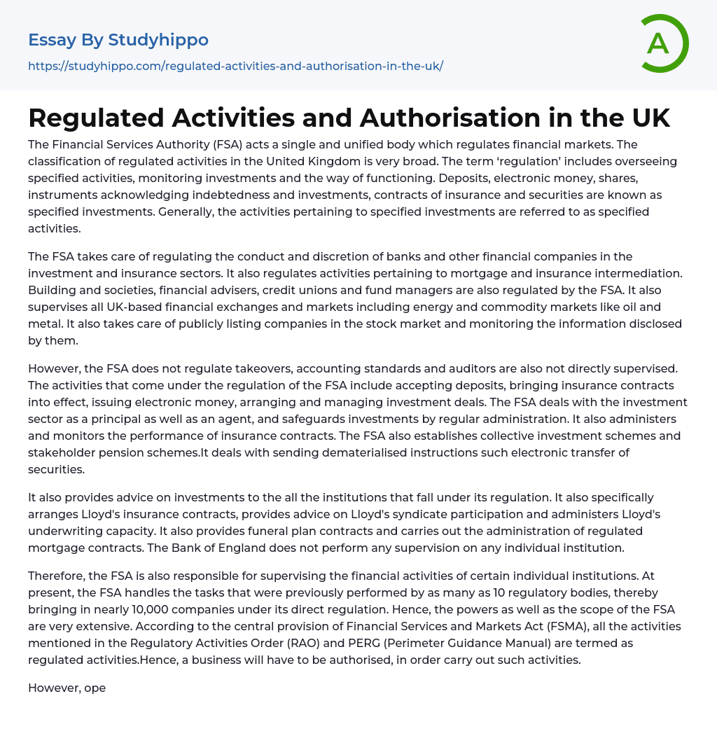Regulated Activities and Authorisation in the UK Essay Example