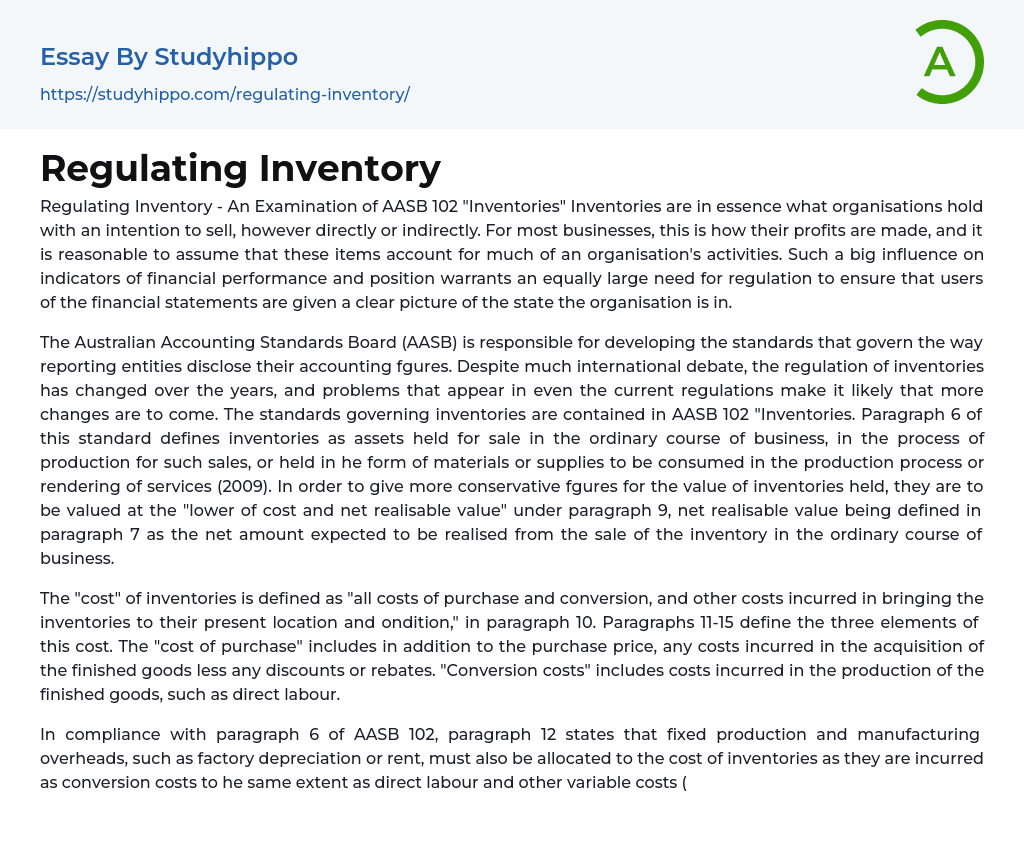 Regulating Inventory Essay Example