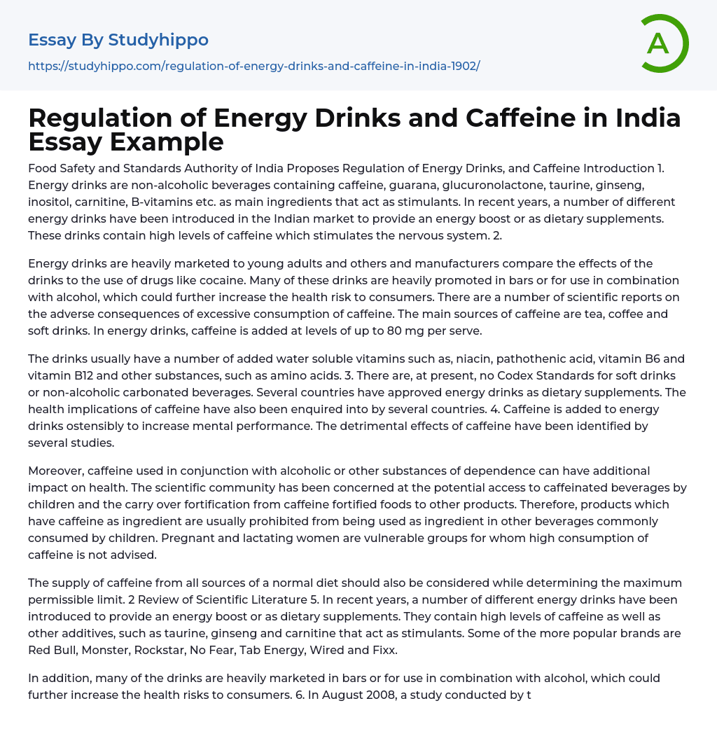 Regulation of Energy Drinks and Caffeine in India Essay Example