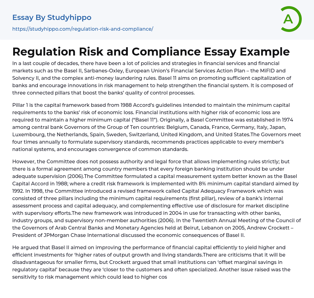Regulation Risk and Compliance Essay Example