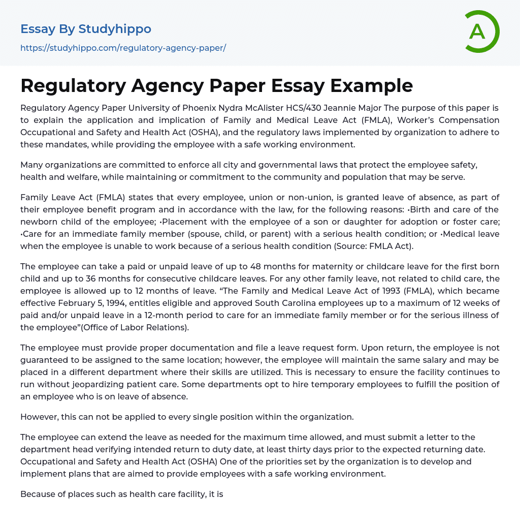 Regulatory Agency Paper Based on Laws Essay Example
