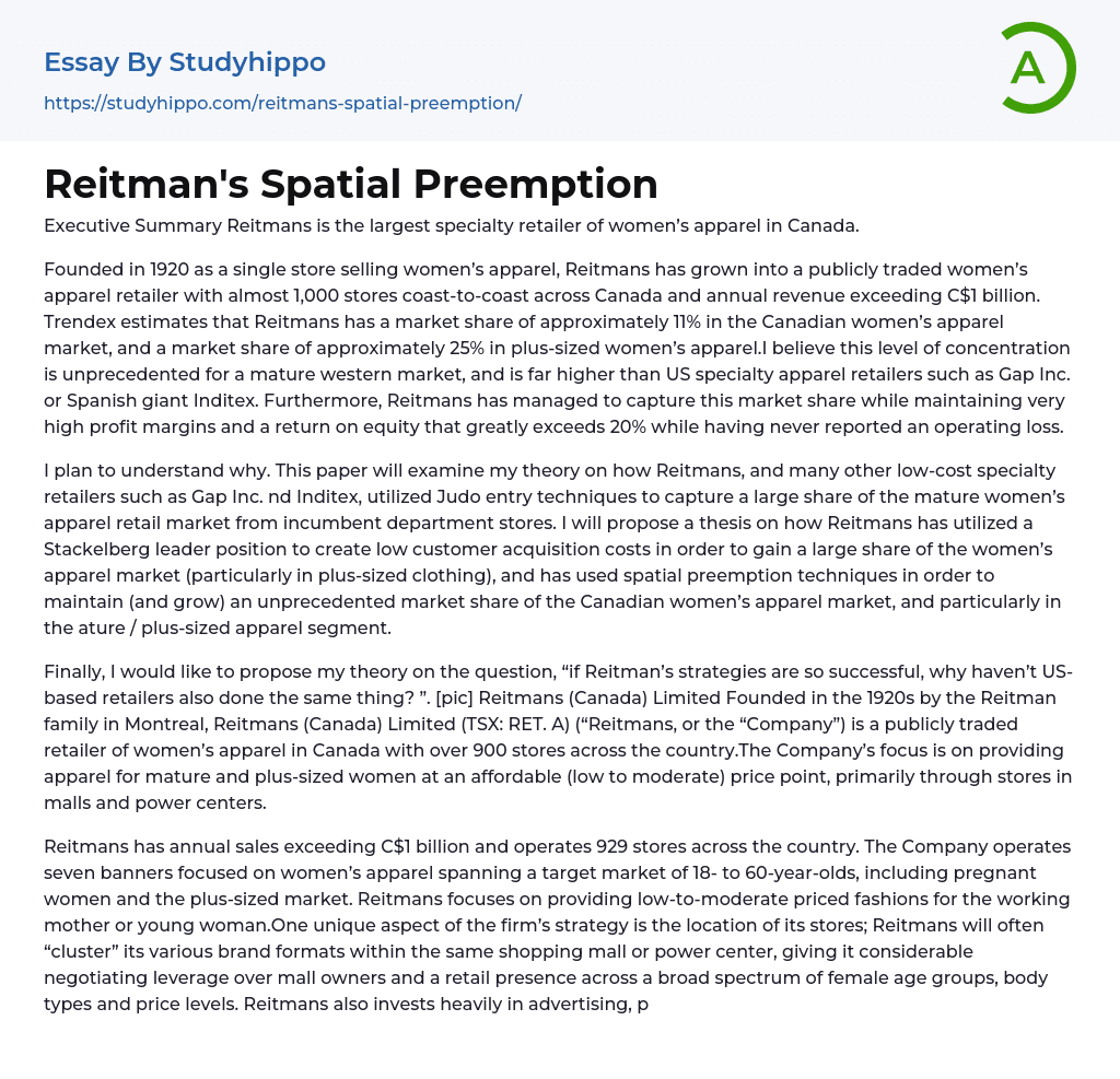 Reitman’s Spatial Preemption Essay Example