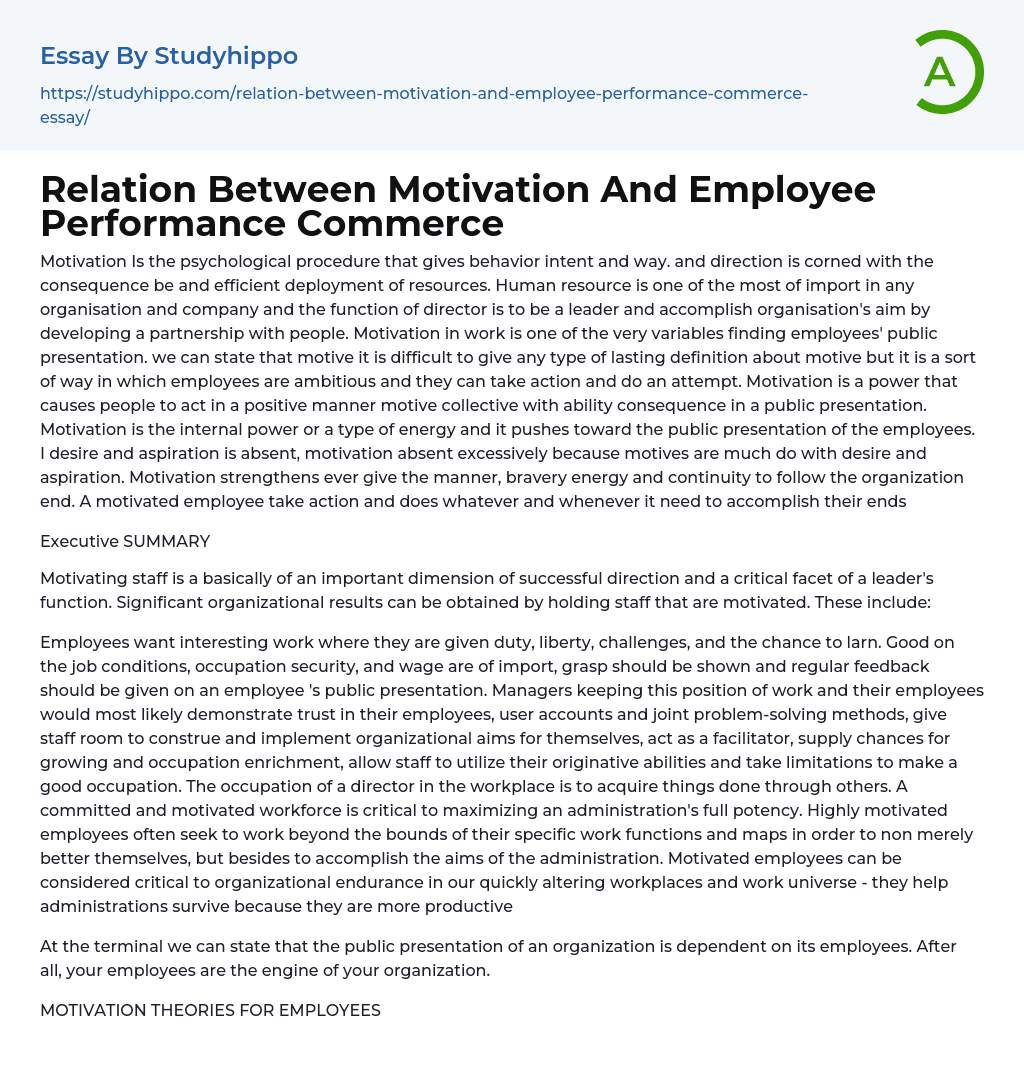 Relation Between Motivation And Employee Performance Commerce Essay Example
