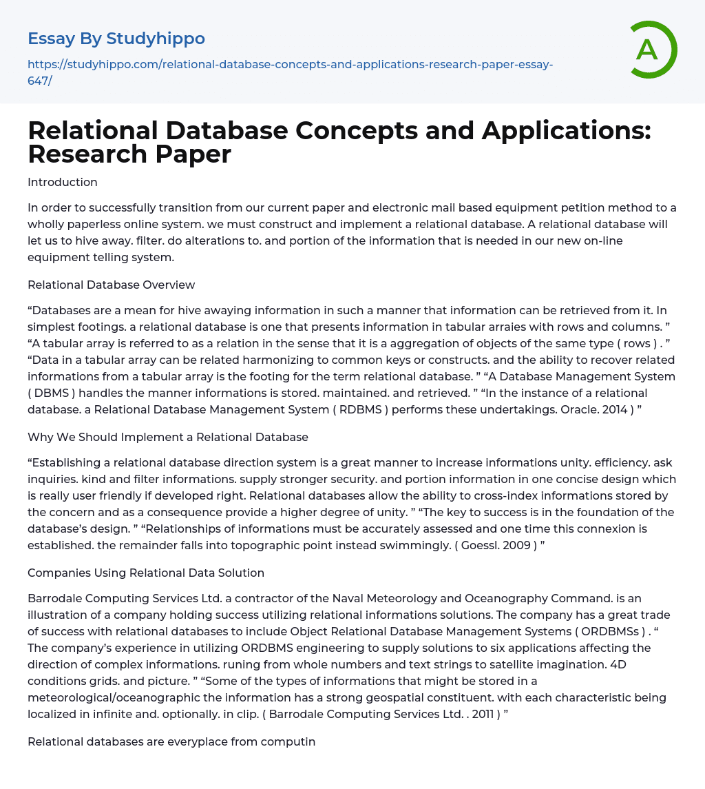 Relational Database Concepts and Applications: Research Paper Essay Example