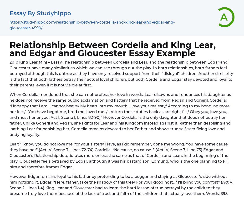 Relationship Between Cordelia and King Lear, and Edgar and Gloucester Essay Example