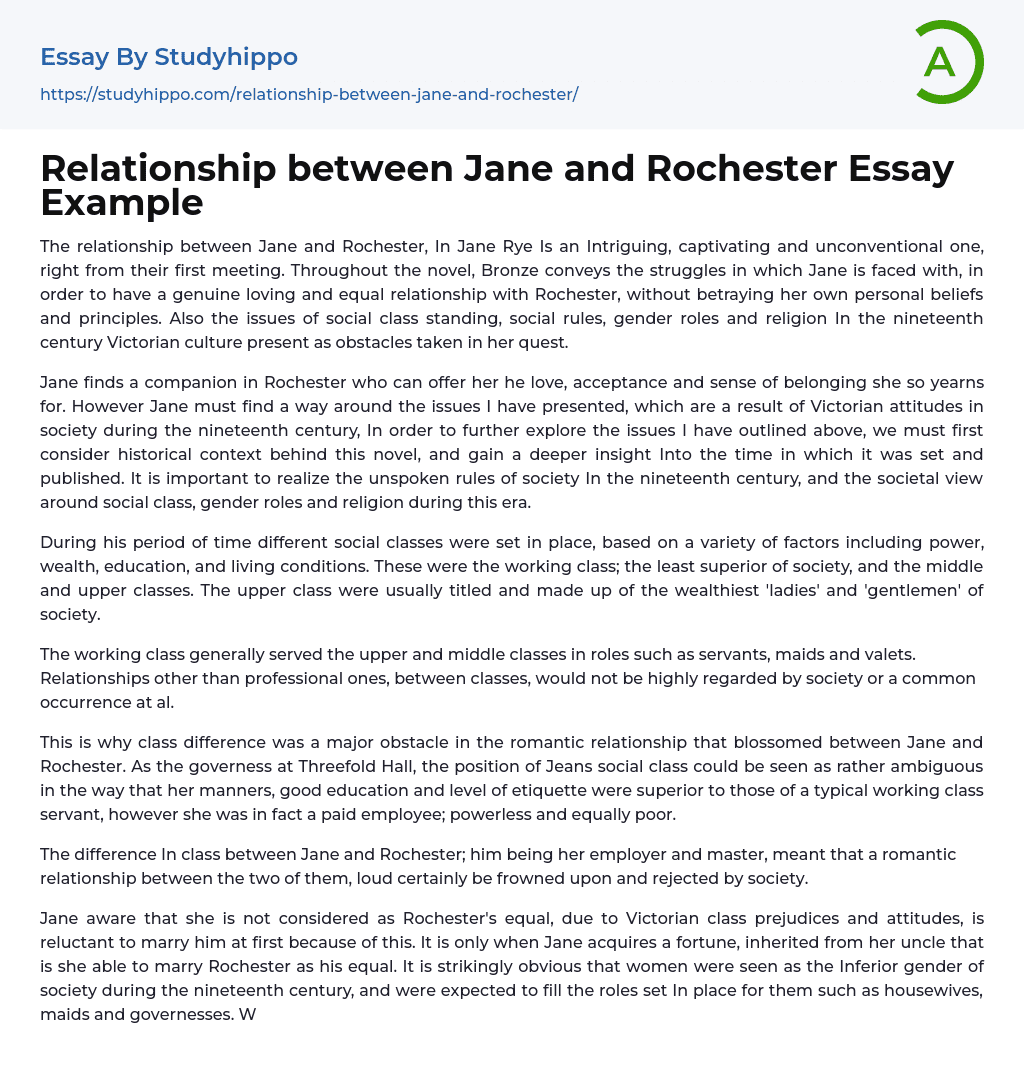 Relationship between Jane and Rochester Essay Example