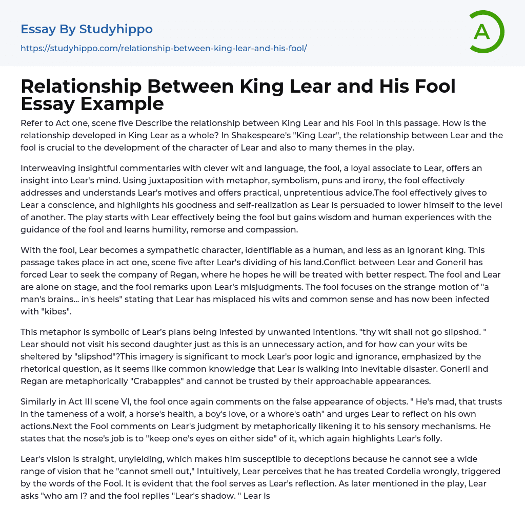 Relationship Between King Lear and His Fool Essay Example