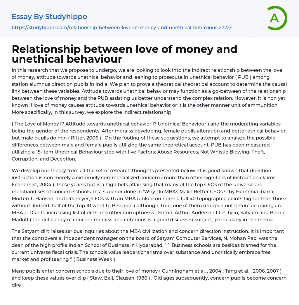 Relationship between love of money and unethical behaviour Essay Example