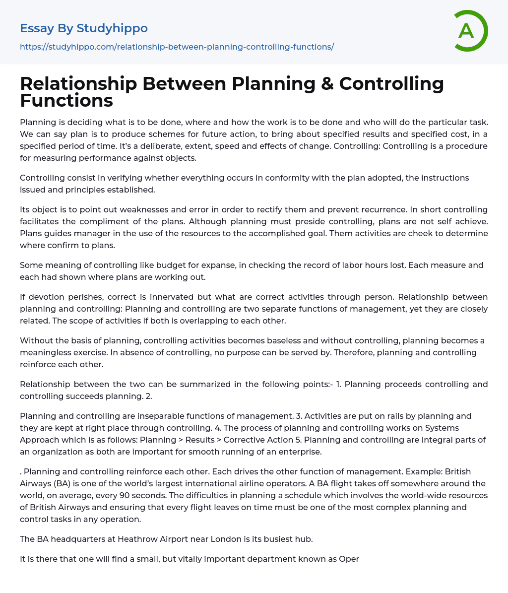 Relationship Between Planning & Controlling Functions Essay Example