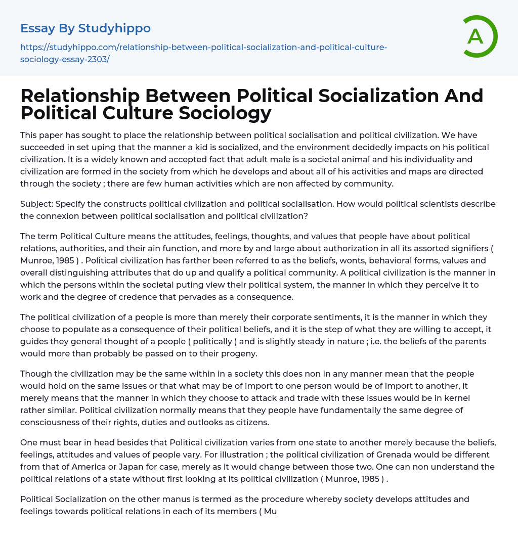 Relationship Between Political Socialization And Political Culture Sociology Essay Example