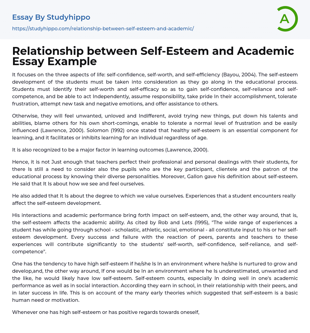 Relationship between Self-Esteem and Academic Essay Example