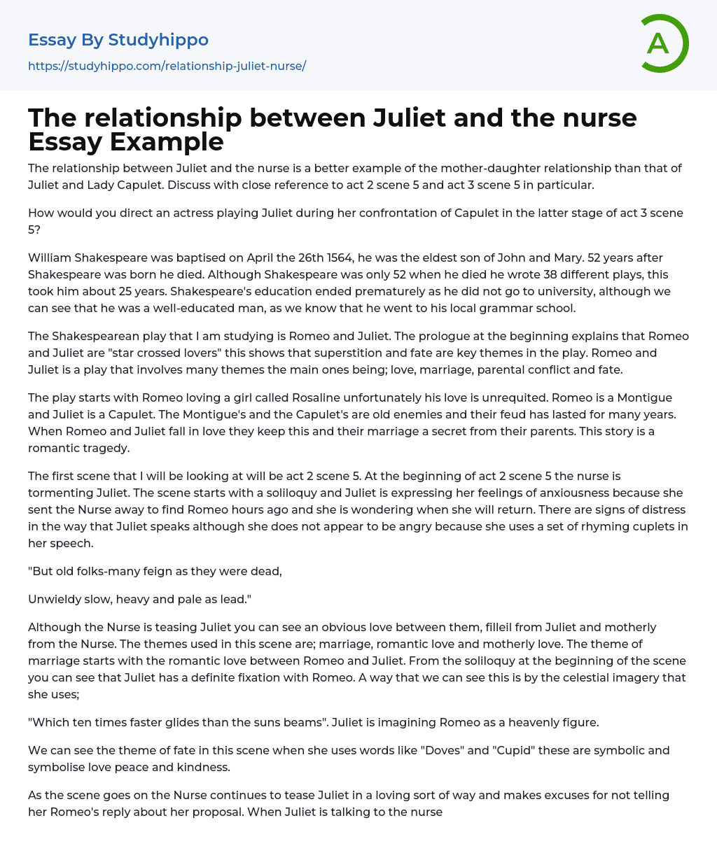 The relationship between Juliet and the nurse Essay Example
