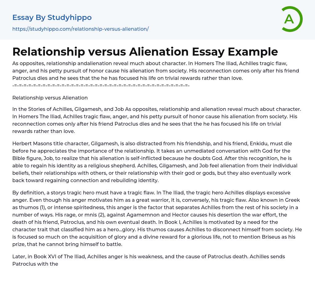 Relationship versus Alienation Essay Example