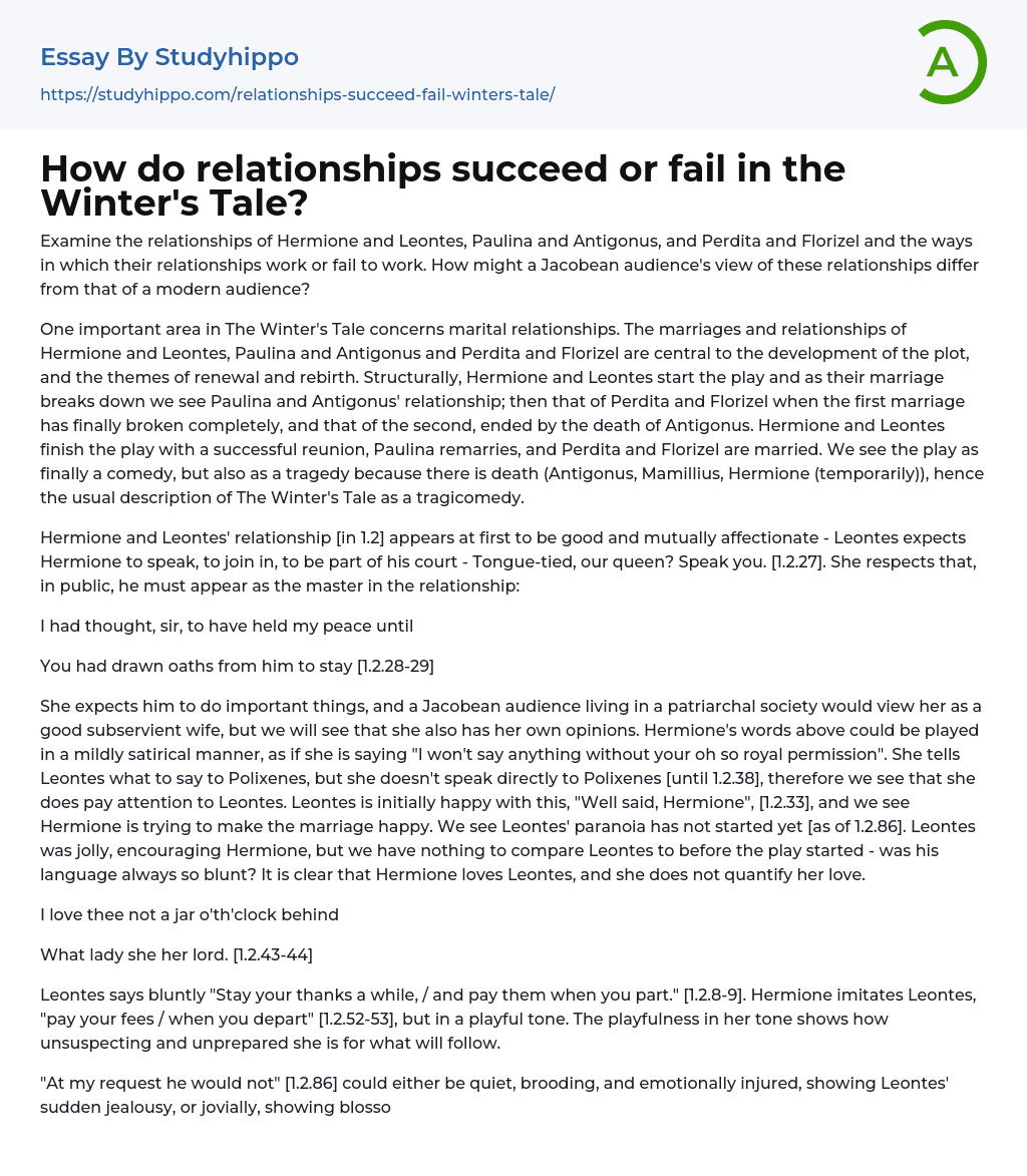 How do relationships succeed or fail in the Winter’s Tale? Essay Example