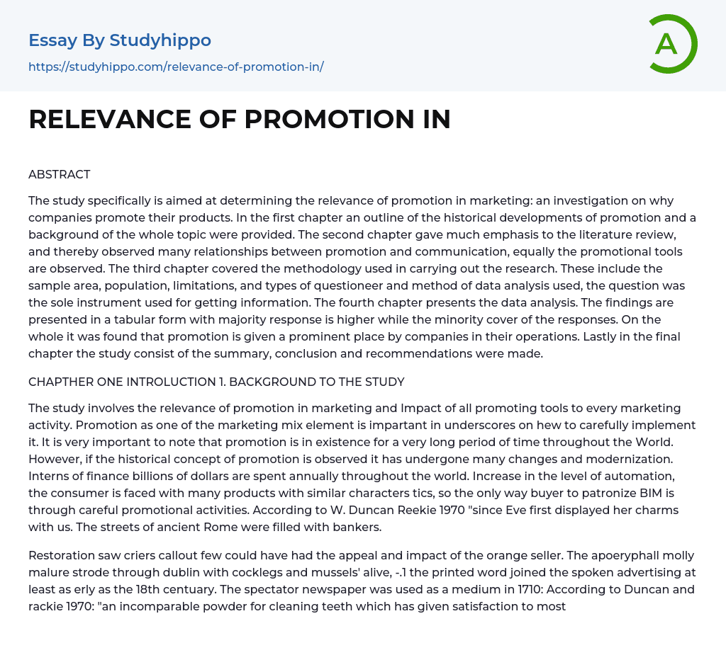 RELEVANCE OF PROMOTION IN Essay Example