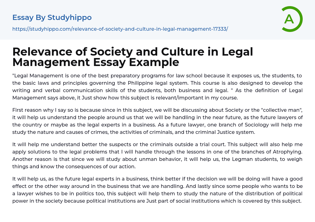 Relevance of Society and Culture in Legal Management Essay Example