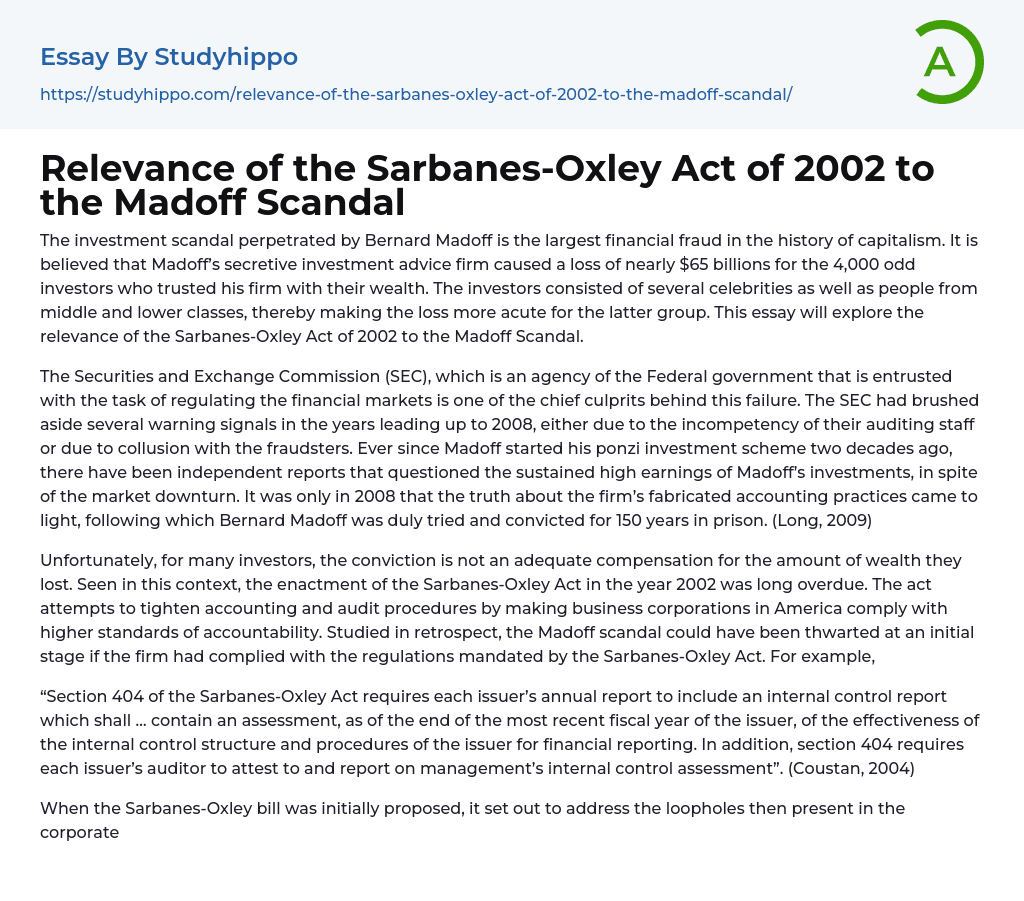 Relevance of the Sarbanes-Oxley Act of 2002 to the Madoff Scandal Essay Example