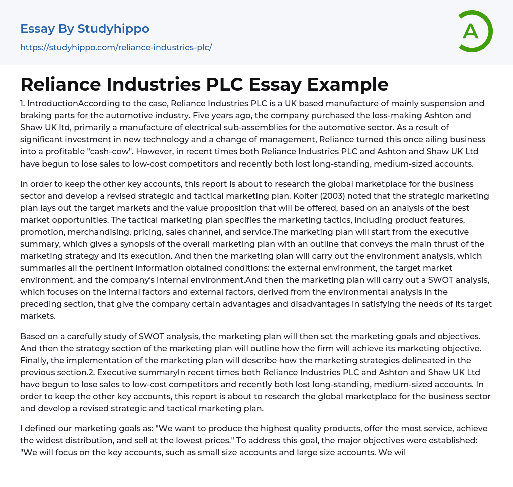 Reliance Industries PLC Essay Example