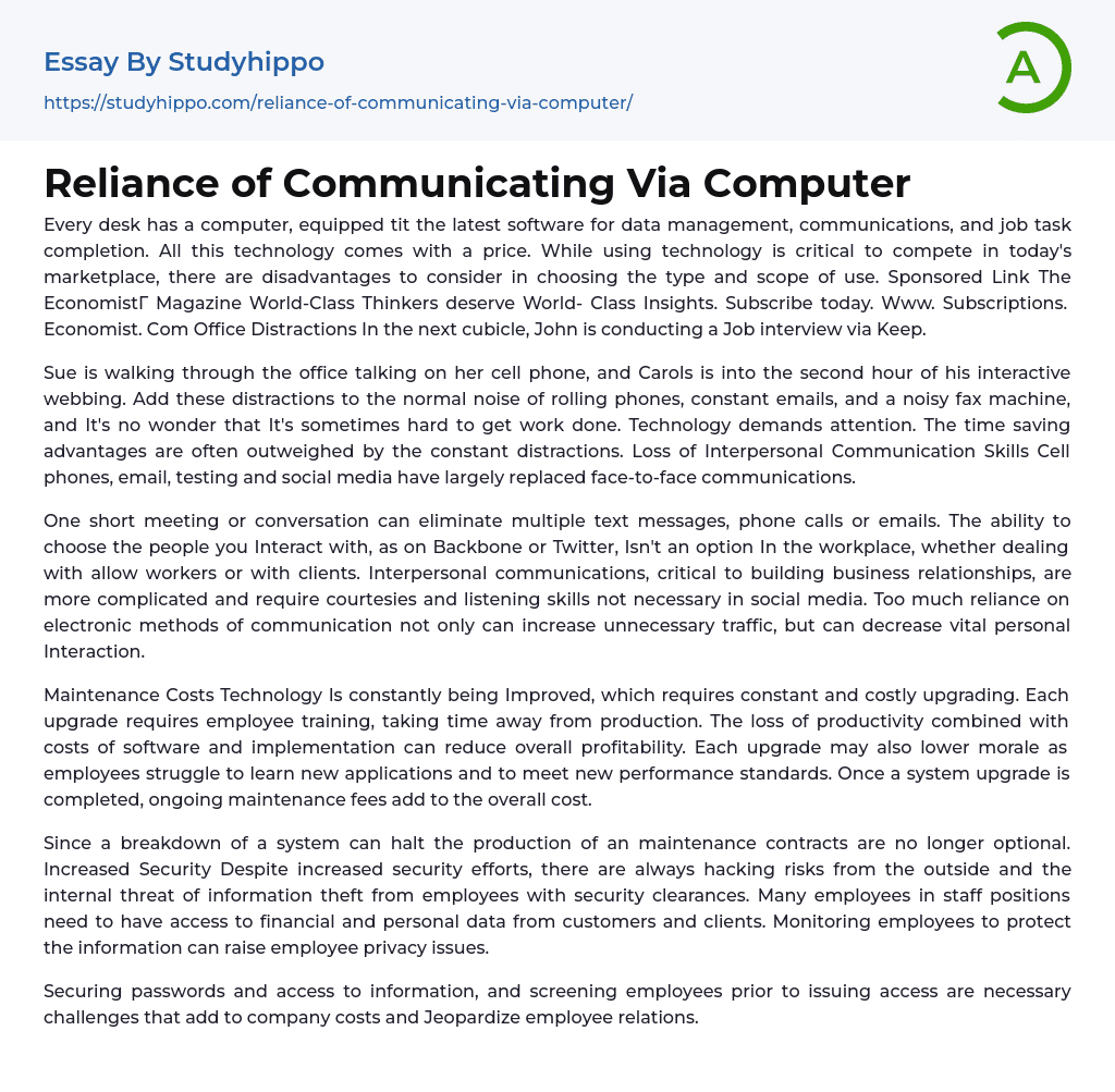 Reliance of Communicating Via Computer Essay Example
