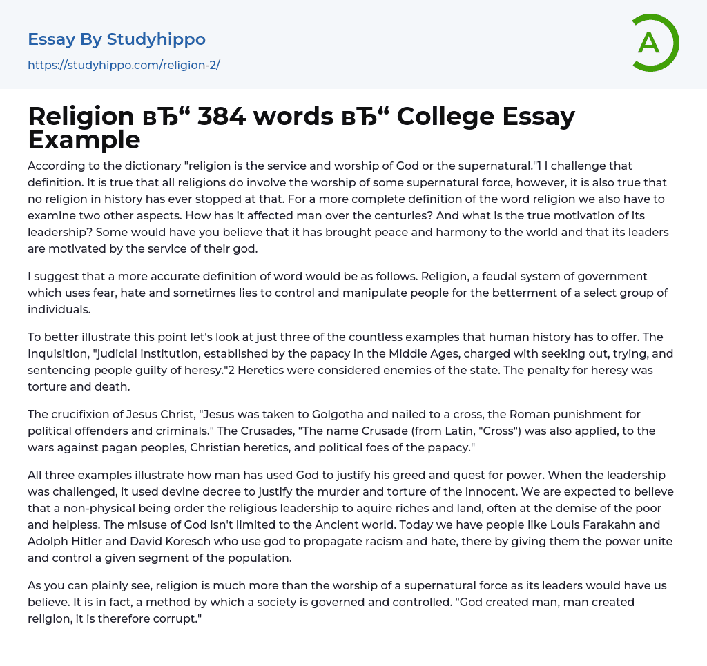 Religion 384 words College Essay Example