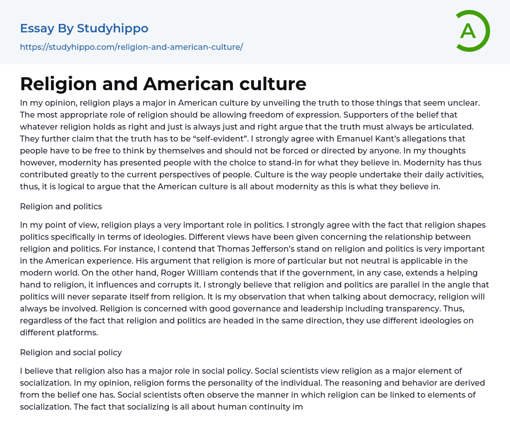 Religion and American culture Essay Example