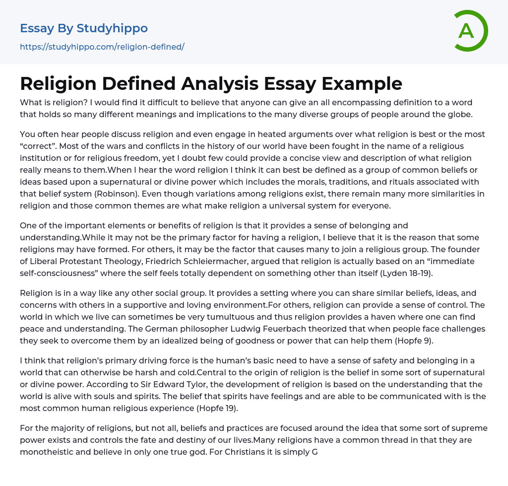 Religion Defined Analysis Essay Example