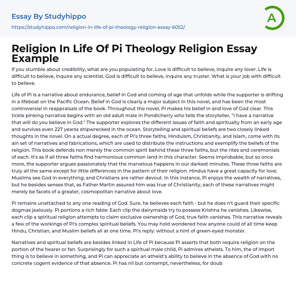 Religion In Life Of Pi Theology Religion Essay Example
