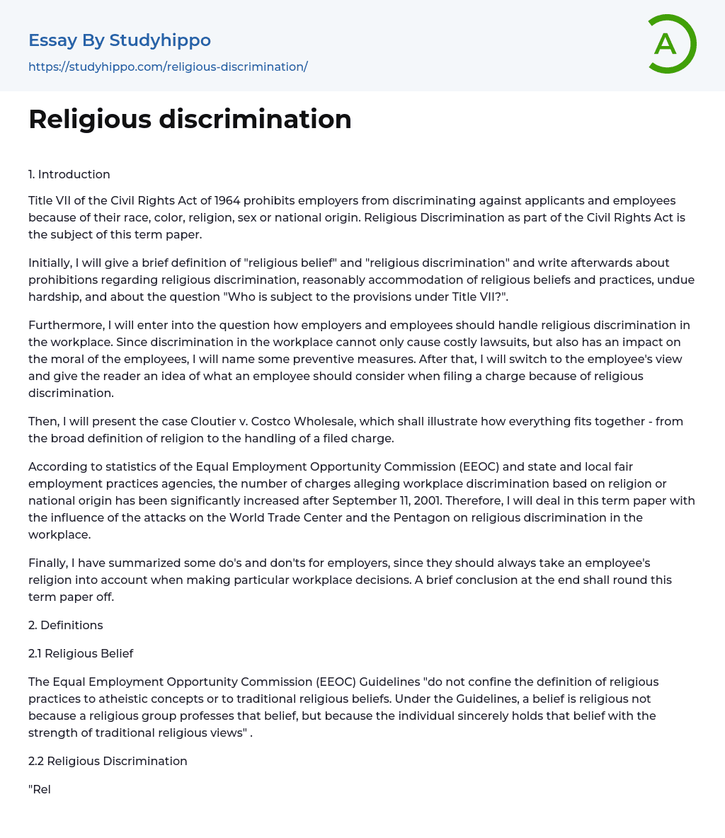 Religious discrimination Essay Example